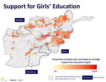 A map displaying support for girls’ education across Afghanistan.