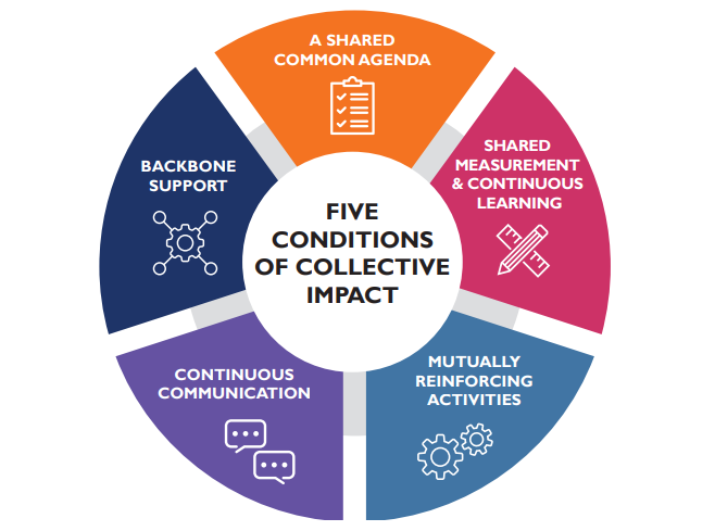 Five conditions for collective impact in GBV programming - a shared common agenda, shared measurement and continuous learning, mutually reinforcing activities, continuous communication, and backbone support.