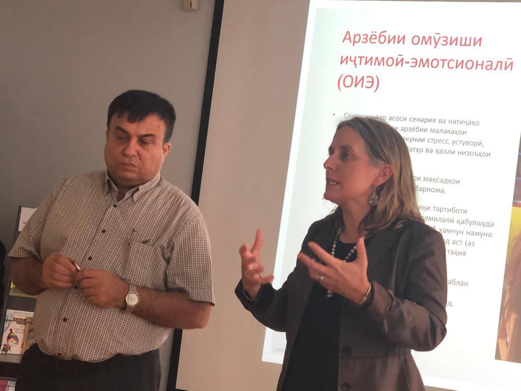 Dr. MaryFaith Mount-Cors in Tajikistan for assessment working group sessions on social-emotional skills, reading, and math assessments. USAID Tajikistan Learn Together Activity, 2020-2025.